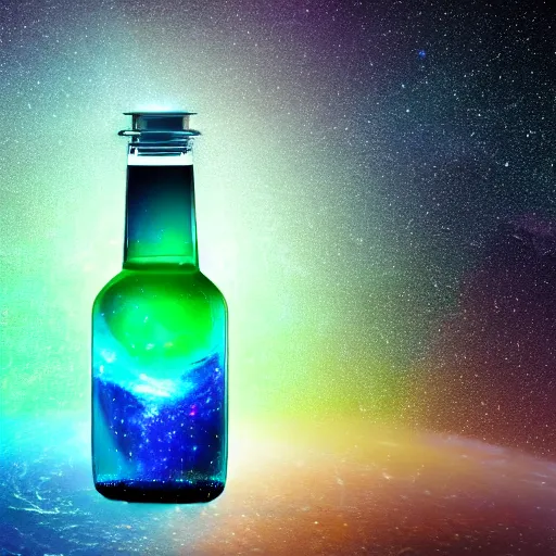 Prompt: galaxy trapped in a bottle flowating in the ocean, 4k, photorealistic, high definition, blue and green color palette