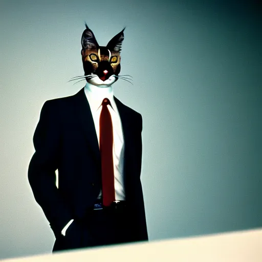 Prompt: caracal cat dressed up in a business suit american psycho, high definition, beautiful photography, 8 k.