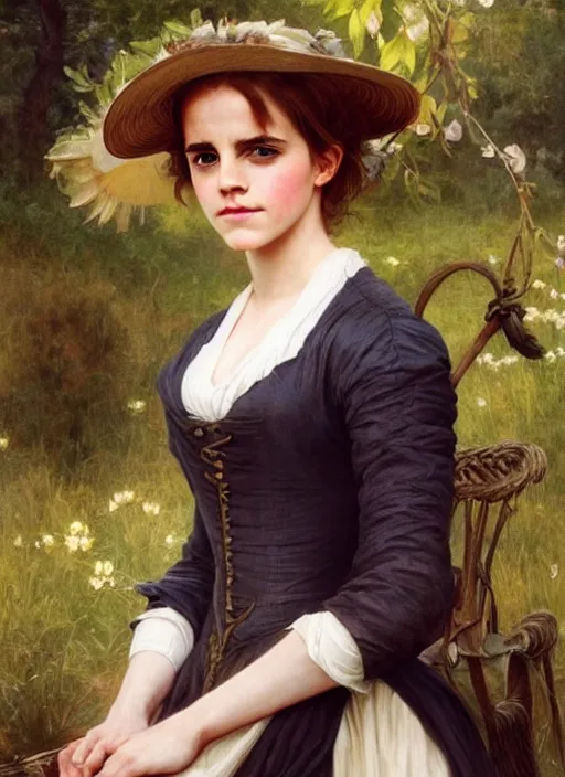 Image similar to full length portrait emma watson as 17th century country girl, shining, 8k highly detailed, sharp focus, illustration, art by artgerm, mucha, bouguereau