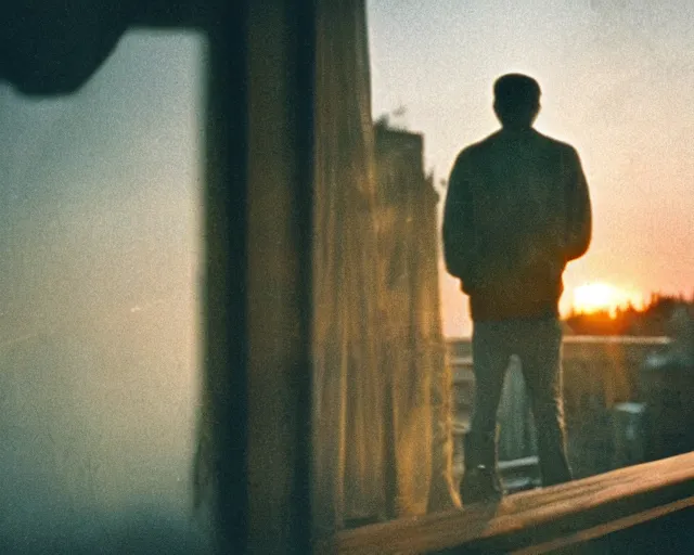 Image similar to award - winning lomographic tarkovsky film still of 4 0 years russian man with beard and sweater standing on small hrushevka 9 th floor balcony in taiga looking at sunset, cinestill, bokeh