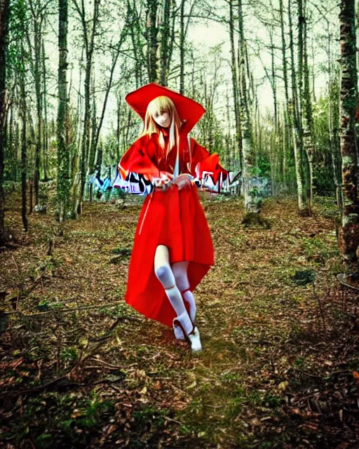 Image similar to dreamy tiktok iPhone photo of beautiful Asuka Langley from evangelion dressed as a slavic priestess in holy birch forest in spring, 35mm, cinematic, trending on Instagram, 8k, 4k