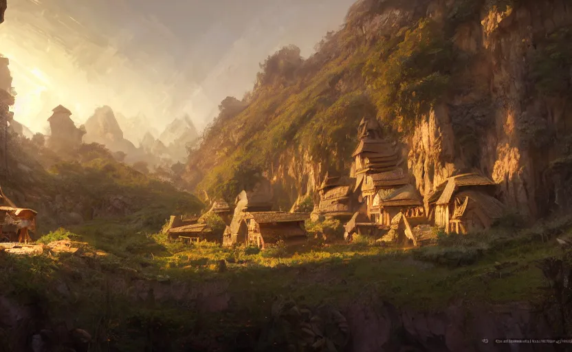 Prompt: painting of a series of opposing living quarters overlooking communal area carved into a mountain, lush garden with hot spring between, cozy bed, well maintained, clean, medieval, fantasy genre, natural light, fantasy, natural light, concept art, by greg rutkowski and craig mullins, cozy atmospheric and cinematic lighting, trending on artstation