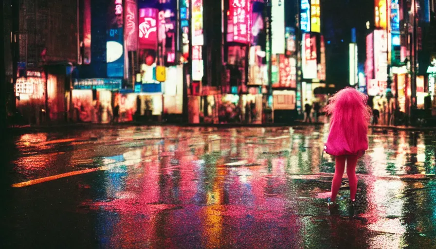 Image similar to street of shibuya photography, night, rain, mist, a girl with pink hair, cinestill 8 0 0 t, in the style of william eggleston