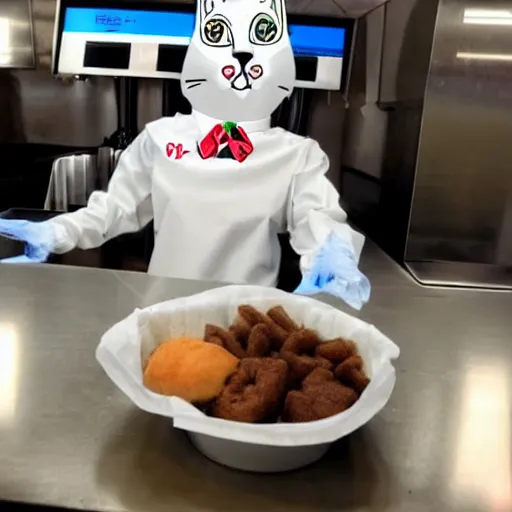 Image similar to a humanoid cat fast food worker