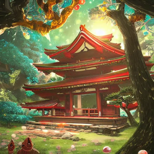 Image similar to a beautiful painting of detailed japanese treehouse shrine, breath of the wild, hyrule, inspired by cyril rolando, david wiesner, ornate, intricate, emitting light ornaments, volumetric lighting, cgsociety, alizarin red, brick red