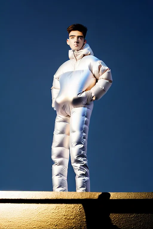 Image similar to un ultra high definition studio quality photographic art portrait of a young man standing on the rooftop of a british apartment building wearing soft baggy inflatable padded silver iridescent pearlescent clothing. three point light. extremely detailed. golden ratio, ray tracing, volumetric light, shallow depth of field. set dressed.