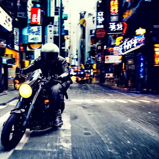 Image similar to a black ( ( ( honda cmx 5 0 0 rebel ) ) ) motorcycle, ridden fast by a metallic futuristic alien cyborg, through the streets of 2 0 5 0's tokyo, neon signs, blurred crowded streets, slight motion blur background