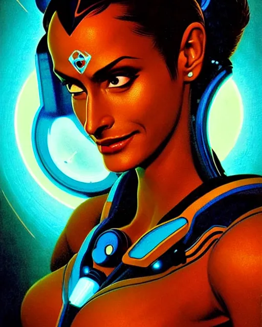 Image similar to symmetra from overwatch, blue rays of light, character portrait, portrait, close up, concept art, intricate details, highly detailed, vintage sci - fi poster, retro future, in the style of chris foss, rodger dean, moebius, michael whelan, and gustave dore