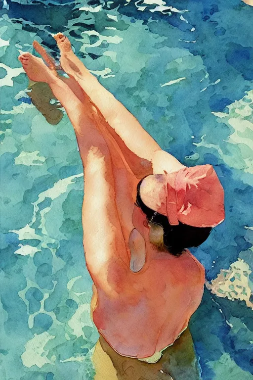 Prompt: watercolor painting of a woman on the poolside, looking down at water on her hands and feet, in the style of the birds of america illustrated by marc simonetti.