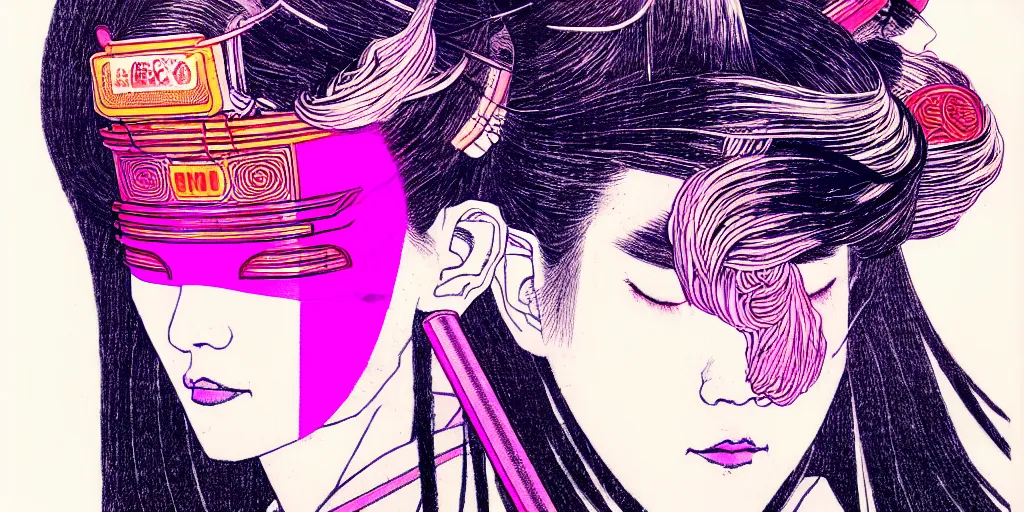 Image similar to a close - up grainy, risograph drawing, hyper light drigter, neon colors, a big porcelain glossy geisha head, with long hair, floating above the sharp peaks weapons, style by moebius and kim jung gi