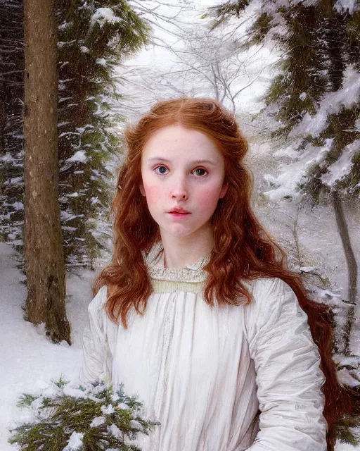 Prompt: a well - lit, realistic portrait painting of a thoughtful girl resembling a young, shy, redheaded irish alicia vikander or millie bobby brown wearing peasant dress in a deep snow - covered forest at dusk, highly detailed, intricate, concept art, artstation, by donato giancola, ron cobb, and william adolphe bouguereau