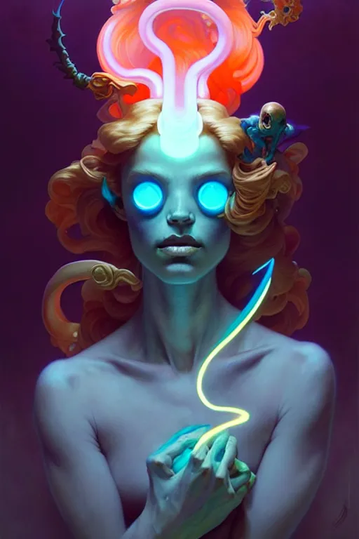 Prompt: portrait, bioluminescent creature, elegant baroque, asymmetrical art, hyperrealism, colorful, vivid, imposing, epic, digital painting, artstation, concept art, by peter mohrbacher and wlop and rhads and artgerm and magali villeneuve and alphonse mucha