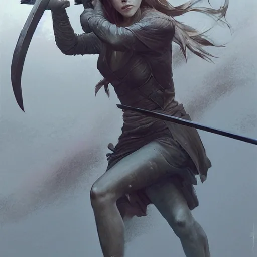 Image similar to portait of a emma watson swinging her katana, front game card, drark, marvel comics, dark, intricate, highly detailed, smooth, artstation, digital illustration by ruan jia and mandy jurgens and artgerm and wayne barlowe and greg rutkowski and zdislav beksinski