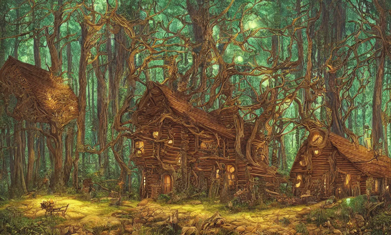 Image similar to a cabin in a mystical forest filled with grand magic, illustration painting, oil on canvas, intricate, hd, digital art, overdetailed art, complementing colors, detailed, illustration painting by alex gray, digital art, moebius