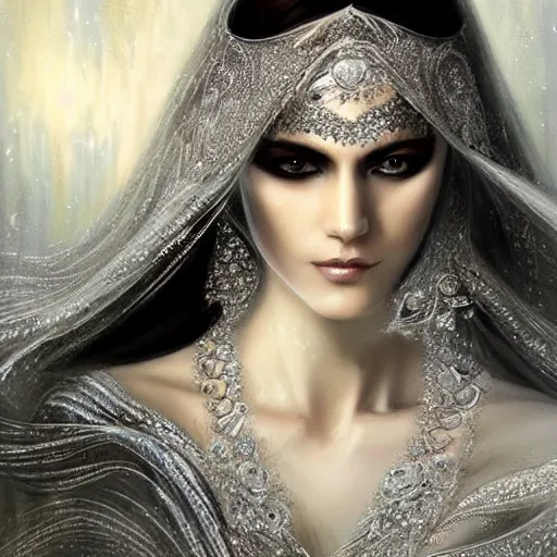 Image similar to a beautiful woman wearing a white niqab made of silver with jewelry and diamonds by alex gray and android jones, karol bak, ayami kojima, arabian, concept art, fantasy