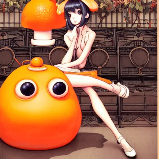 Prompt: a French girl in a café with a giant orange frog. insanely and epically detailed supreme-quality color ink pen artwork, amazingly composed image, illustrated by Range Murata and Artgerm.