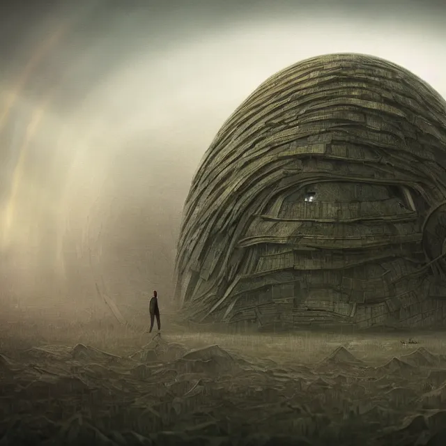 Prompt: photorealistic, giant circular building, fantastical landscape, by anton semenov, trending on artstation, 4 k hd, gigapixel, fantasy art, sharpness applied, hyperrealism, low light, dark rainbow