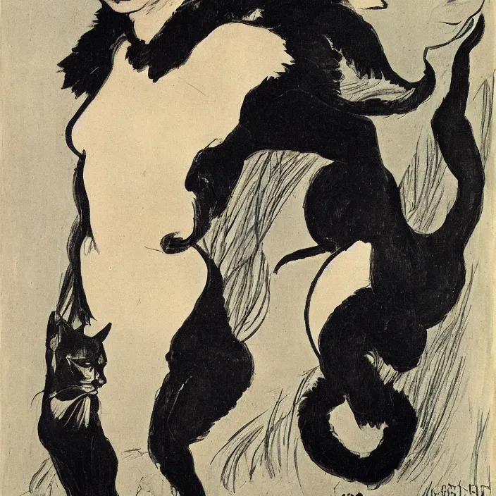 Image similar to portrait of a panther woman. henri de toulouse - lautrec, aubrey beardsley