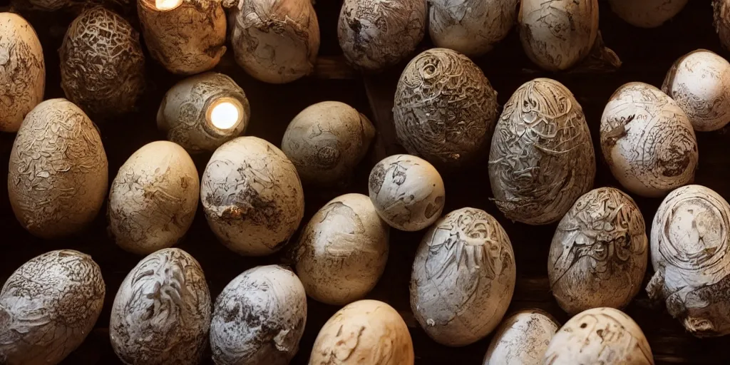 Prompt: a large old wooden cabinet full of extremely detailed scary alien eggs, burning candels in front, beautifull low light