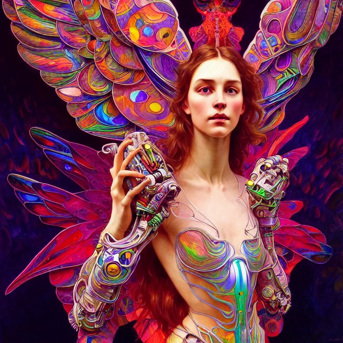 Prompt: bright psychedelic portrait of organic cyborg holding wings, diffuse lighting, fantasy, intricate, elegant, highly detailed, lifelike, photorealistic, digital painting, artstation, illustration, concept art, smooth, sharp focus, art by John Collier and Albert Aublet and Krenz Cushart and Artem Demura and Alphonse Mucha