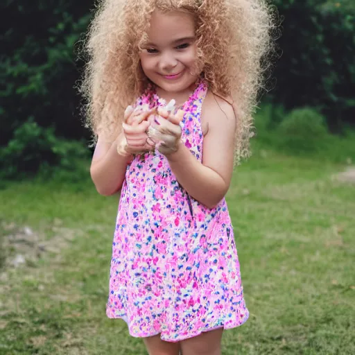 Image similar to young white girl, pink flowery dress, blond curly hair, causing mahem