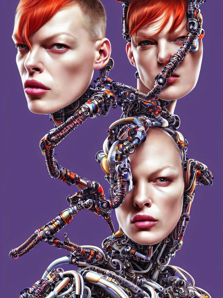 Prompt: Portrait of Milla Jovovich Leeloo wearing epic bionic cyborg implants of different colors, detailed intricate ornate cables connected to head, by Dan Mumford and Naoto Hattori, extremely beautiful and proportionate face, in the aesthetic of mert and marcus, masterpiece, intricate, elegant futuristic wardrobe, highly detailed, digital painting, artstation, concept art, crepuscular rays, smooth, sharp focus, illustration, background is made of stars and vibrant space nebula, cyberpunk colors, volumetric lighting, art by artgerm and james jean and Nick Sullo