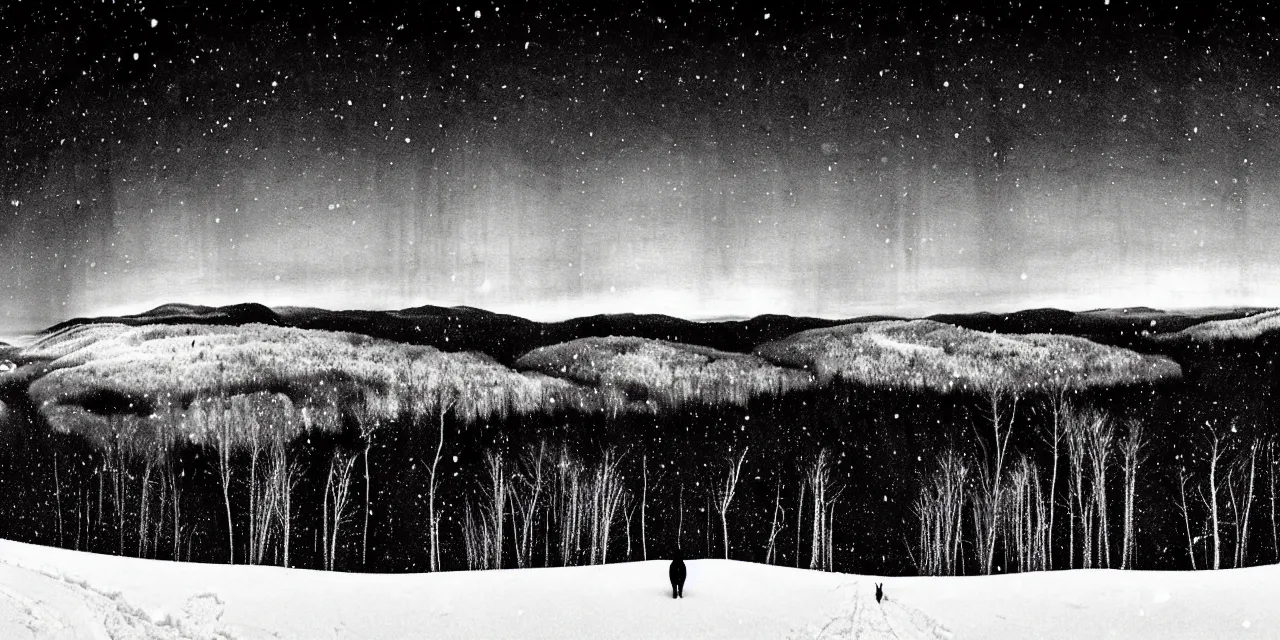 Prompt: laurentian appalachian mountains in winter, unique, original and creative black ink landscape, surrealist artwork, wide angle panorama, snowy night, distant town lights, aurora borealis, deers and ravens, lonely human walking, footsteps in the snow, fascinating textures, outstanding composition