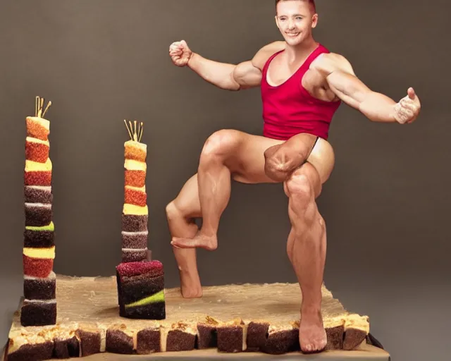 Image similar to human birthday cake hybrid, muscular arms, studio photography, humanoid cake