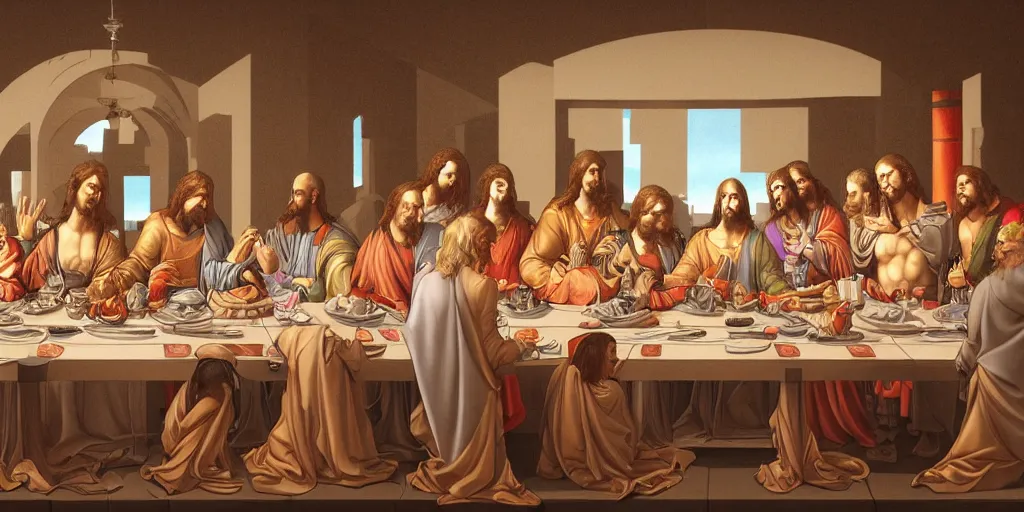 Prompt: the last supper of robots as apostles in leonardo da vinchi style. digital art, artstation, concept art, smooth, sharp focus, illustration, art by sorayama