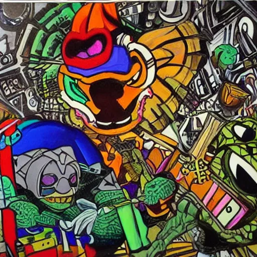 Prompt: a painting kevin eastman did when he was deeply schizophrenic