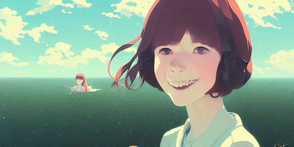 Image similar to portrait of a smiling girl by ilya kuvshinov, cloudy sky background lush landscape ln illustration concept art anime key visual trending pixiv by victo ngai fanbox by greg rutkowski makoto shinkai takashi takeuchi studio ghibli