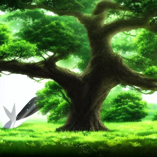 Image similar to big white whale flying near giant tree in the green field, anime, HD,