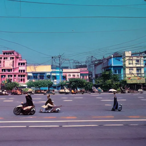 Image similar to Wes Anderson film still in Saigon without people. Establishing shot. 8k resolution. Pastel. Sharp. Whimsical.