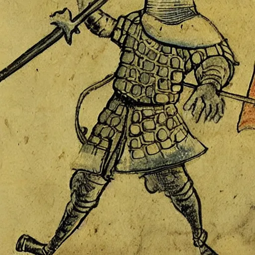 Prompt: medieval drawing of a Knight in battle with a snail