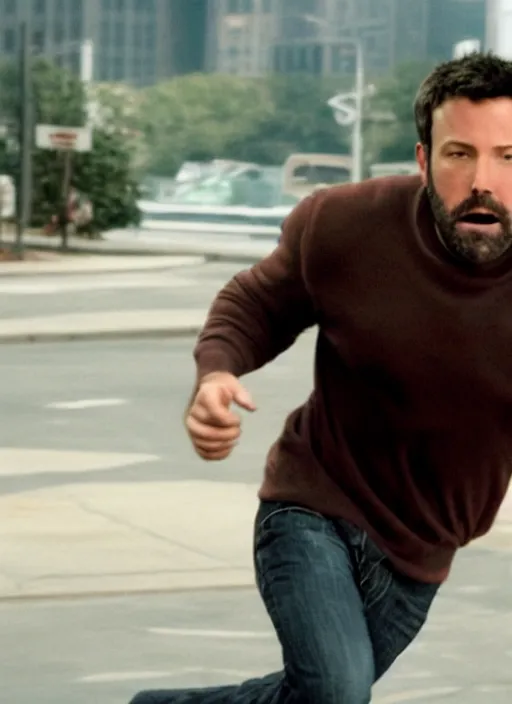 Image similar to ben affleck being chased by a giant cup of dunkin donuts coffee, running scared