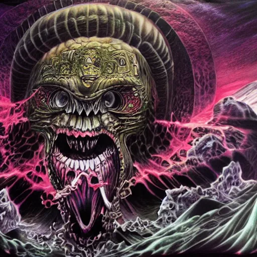 Prompt: marduk, devourer of worlds, detailed airbrush ink art in dark and muted colors art by oda eiichiro on dmt and shrooms