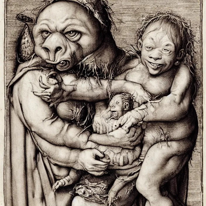 Image similar to a goblin monster mother and a baby, by Hans Holbein the Younger