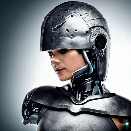 Prompt: portrait photo of a beautiful female cyborg. stone helmet. granite suit. black white photo