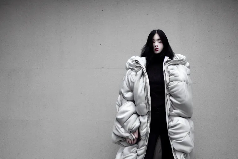 Image similar to well lit fashion shoot portrait of extremely beautiful female marble statue wearing huge over size puffer jacket by dingyun zhang, yeezy, balenciaga, vetements, a cold wall, sharp focus, clear, detailed,, cinematic, detailed, off white, glamourous, symmetrical, vogue, editorial, fashion, magazine shoot, glossy