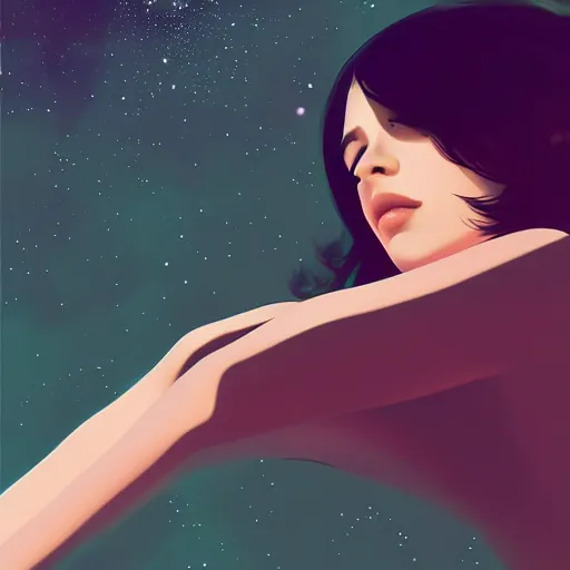 Image similar to a woman floating in space by ilya kuvshinov, digital art, smooth lines