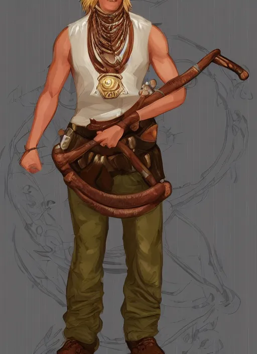 Image similar to a male ranger with a bongo drum and nunchucks,, dnd, wearing a leather vest and white linen pants, chiseled good looks, long swept back blond hair, puka shell necklace, digital art