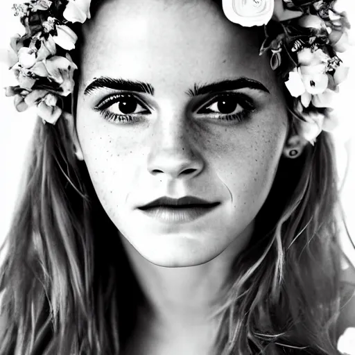 Prompt: emma watson with a multiflower crown princess, sensual, beautiful soft light failling on her face, studio photography, nikon 3 5 mm portrait photography, ultra realistic