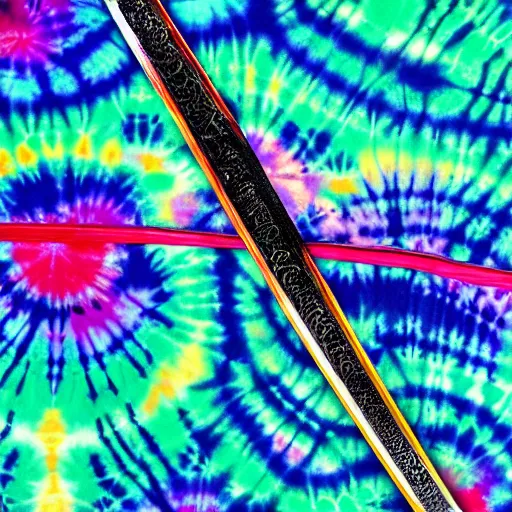 Image similar to a katana a laser tie dye covered blade, uncropped, photography