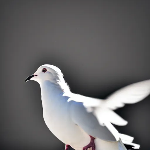 Image similar to a realistic photo of a white dove on a solid black background, high contrast, 8k, film grain, highly detailed