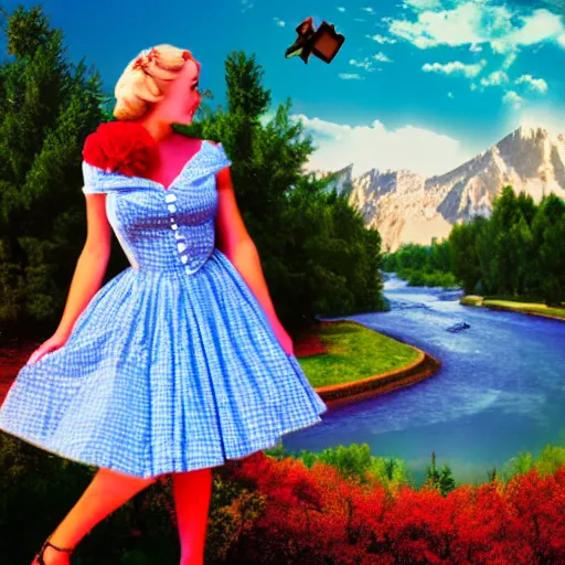 Image similar to giant alice in wonderland, pin up, houses, trees, mountains, woman, city, digital art, photo, blue dress, photoshop, flowers, collage, river