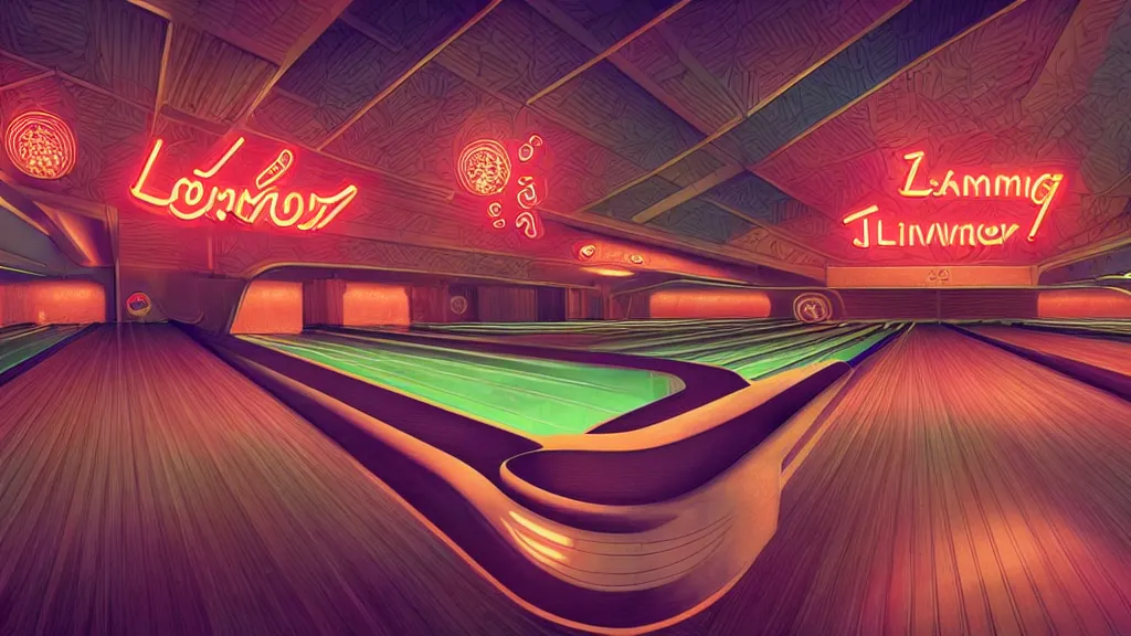 Image similar to art deco bowling alley, neon flamingo, ultra detail, photoreal, soft moonlight lighting, realistic, wide angle, sharp focus, 8 k high definition, insanely detailed, intricate, elegant, art by artgerm and wlop