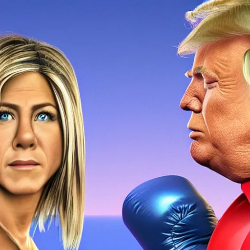 Image similar to photorealistic jennifer aniston punching donald trump. hyperdetailed photorealism, 1 0 8 megapixels, amazing depth, high resolution, 3 d shading, 3 d finalrender, 3 d cinematic lighting, glowing rich colors, psychedelic overtones, artstation concept art.