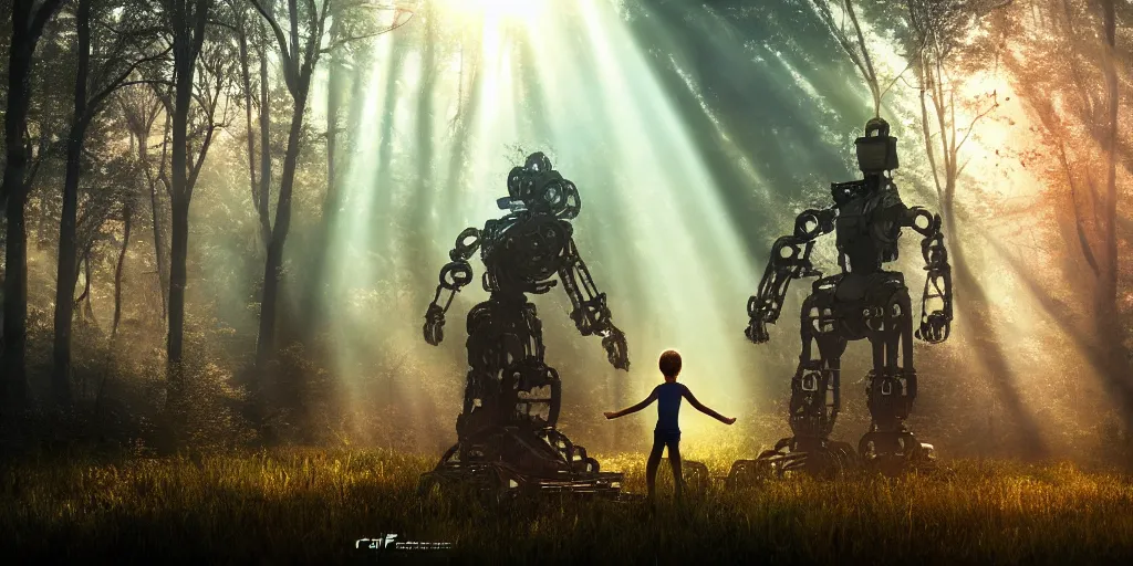 Image similar to sci - fi scene future new york, little girl holding a hand of a big robot, forest punk, crepuscular rays, epic scene, hyper realistic, photo realistic, overgrowth, cinematic atmosphere, ethereal lighting,