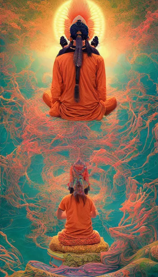 Image similar to indian master, meditation, universe, dream, highly detailed, digital painting, refreshing, trending on artstation, octane render, hyper realistic, illustration by james jean