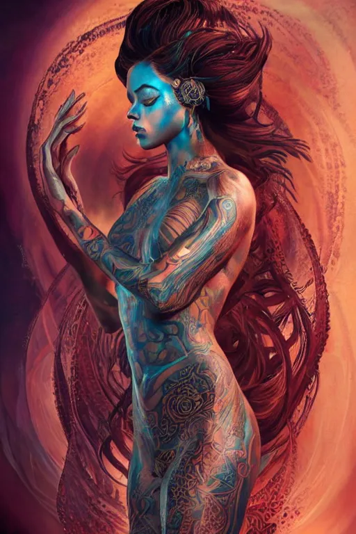 Image similar to a centered full body render of an alluring futuristic goddess with tribal tattoos surrounded by a underwater ink pour and flowing liquid gallium and sacred geometry, perfect body and face, powerful, cinematic, beautifully lit, by artgerm, by karol bak, 3 d, trending on artstation, octane render, 8 k